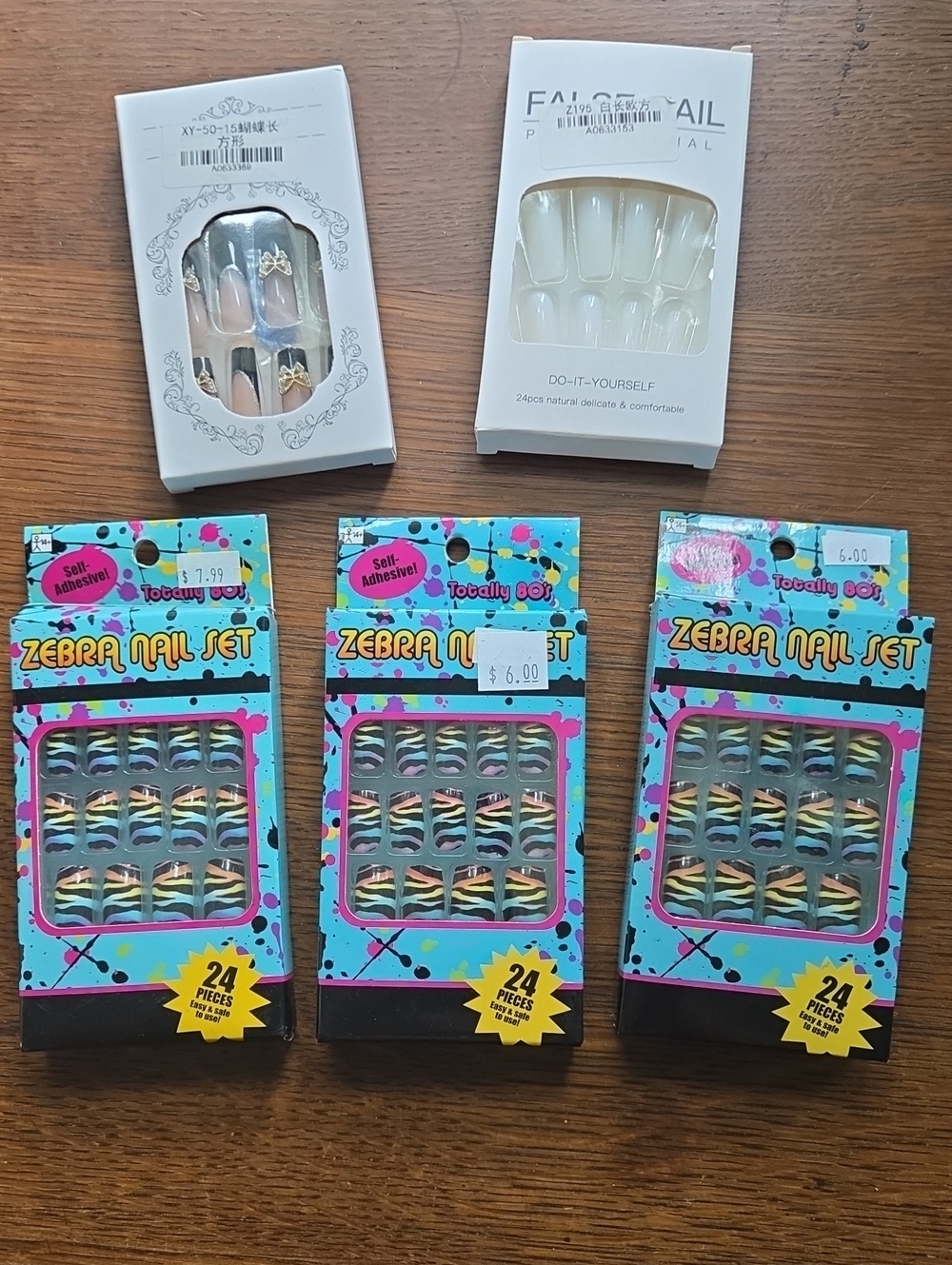 Faux Nail Set Lot - Multi Color Faux Nails ☆ 5 Boxes ☆ Zebra, Fancy & White ☆